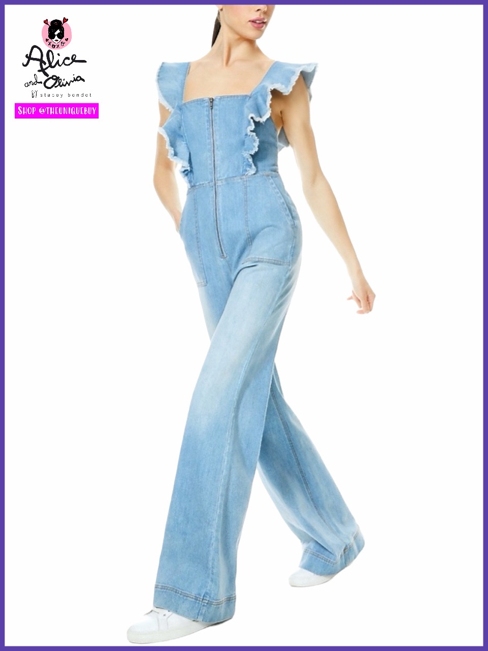 Alice + Olivia Gorgeous Wide Leg Open Back Denim Jeans Jumpsuit